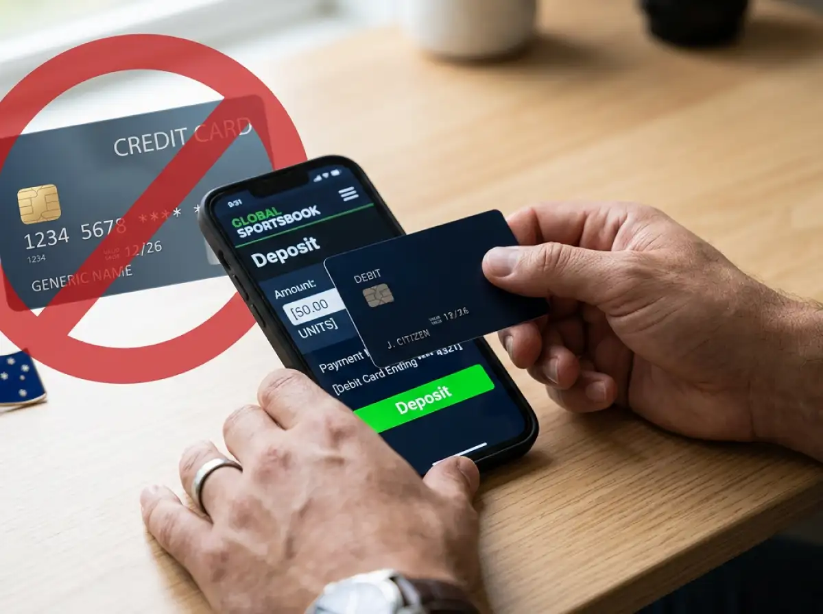 Australian debit card next to a smartphone displaying a sportsbook deposit screen with a blocked credit card icon