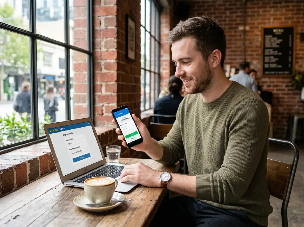 Neteller e-wallet app displayed on a smartphone next to a laptop showing an Australian sportsbook cashier page
