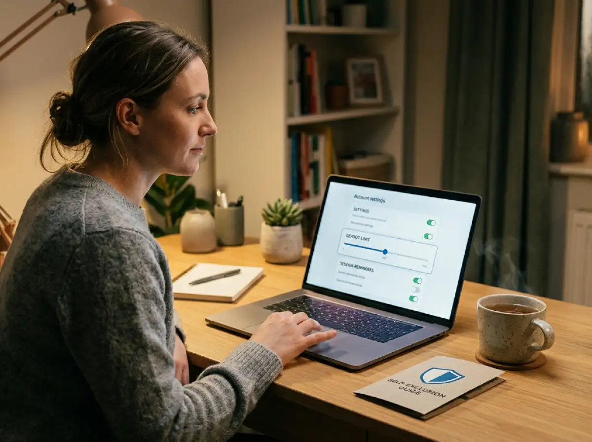 Calm scene of a person setting deposit limits on a laptop screen, with a BetStop leaflet and a cup of coffee on the desk